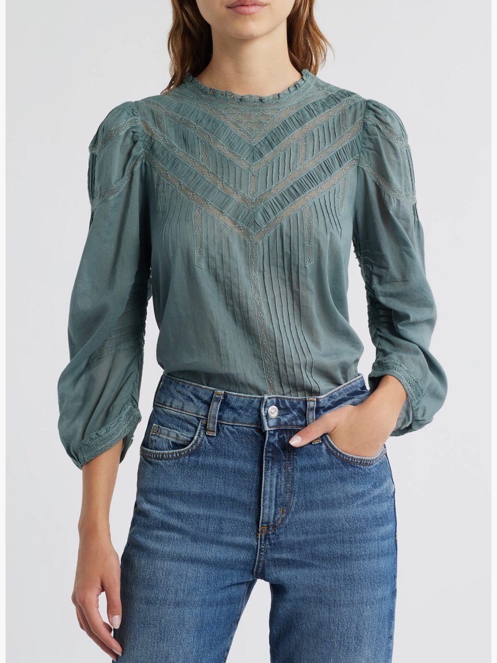 Doen Adelphine pleated lace Green Blouse top